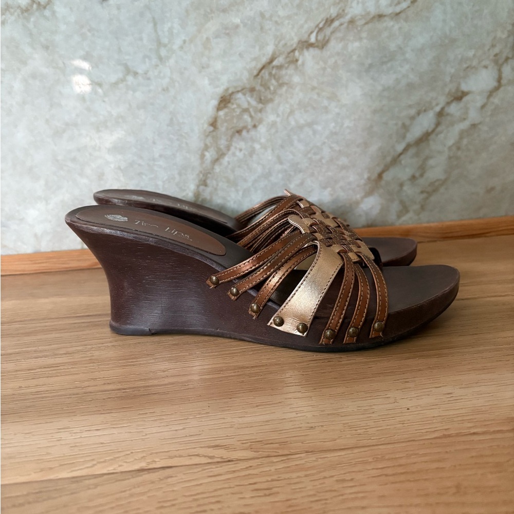 Two Lips Bronze and Brown Wedge Sandals